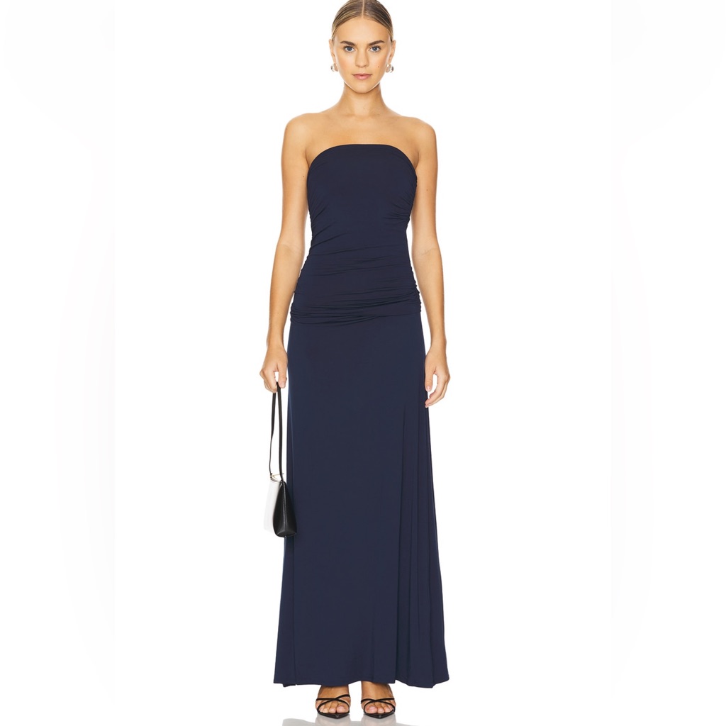 Posse Navy Strapless Ruched Maxi Dress